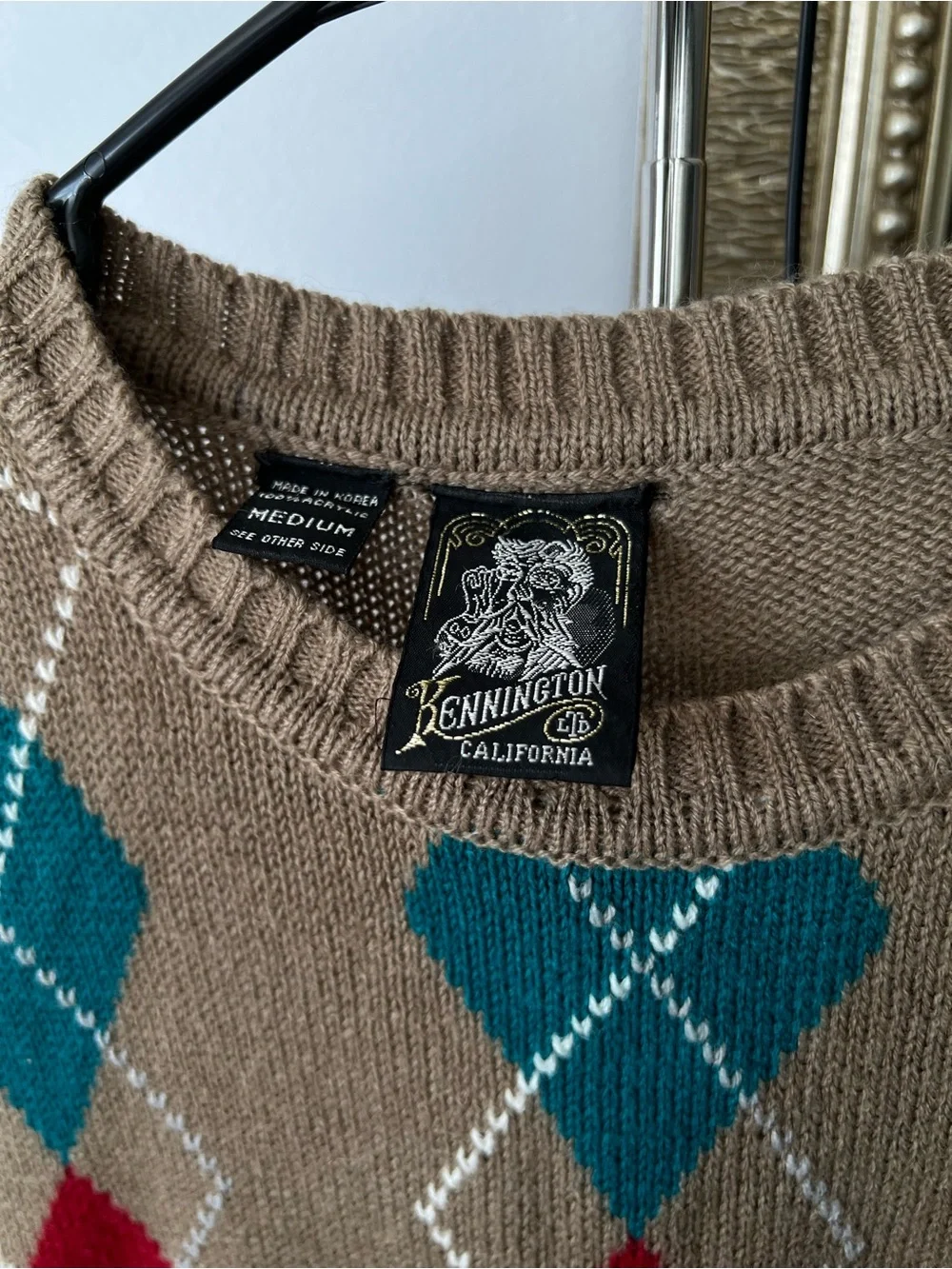 Kennington California Men Argyle Knit Sweater Vest Tan Brown Multi Color Medium